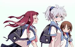  :> alternate_hairstyle backpack bag blush brown_hair closed_eyes eyes_closed hana-kagume kakura_kurumi kosegawa_shiromi long_hair multiple_girls saki school_uniform serafuku smile twintails usuzawa_sae 