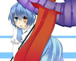  :p blue_eyes blue_hair heterochromia karakasa_obake long_sleeves red_eyes salmon_(artist) short_hair skirt smile solo tatara_kogasa tongue touhou umbrella 