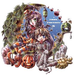  1girl 2011 ahoge artist_request bandage bandages blue_eyes bomb_(final_fantasy) boots brown_hair butz_klauser cape cityscape earrings fang faris_scherwiz final_fantasy final_fantasy_v green_eyes halloween hat headstone_(ff5) jack-o'-lantern jack-o'-lantern jewelry leaf licking long_hair monster mummy on_back open_mouth pointed_boots pointy_ears purple_hair screw sitting striped striped_legwear thigh-highs thighhighs title_drop tombstone tongue tongue_out turtle ushabti vampire very_long_hair zettai_ryouiki 