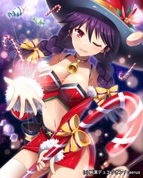  black_hair braid breasts christmas cleavage detached_sleeves hat mauve midriff navel original red_eyes solo twin_braids wink 