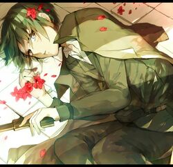  ayatoki-1 belt black_hair brown_eyes flower gun jacket kino kino_no_tabi lying petals short_hair solo weapon 