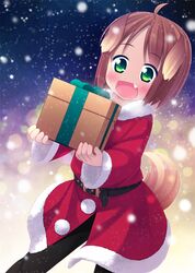  ahoge animal_ears blush christmas dog_ears dog_tail fang gift green_eyes inuarashi meiko_(inuarashi) open_mouth original pantyhose santa_costume short_hair smile snow solo tail 