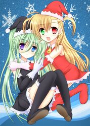  :d blonde_hair blue_eyes blush boots christmas einhart_stratos gloves green_eyes green_hair hat heterochromia hug long_hair lyrical_nanoha mahou_shoujo_lyrical_nanoha_vivid multiple_girls open_mouth purple_eyes raikkonen713 red_eyes santa_costume santa_hat sitting smile snowflakes thigh-highs thigh_boots thighhighs two_side_up violet_eyes vivio 