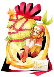  blonde_hair boots capelet christmas_tree food fruit hair_ribbon hat kasugano_urara lemon long_hair precure ribbon santa_costume santa_hat solo tima twintails yellow_eyes yes!_precure_5 
