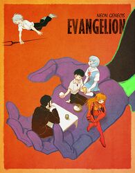  beard blue_hair brown_hair closed_eyes eva_01 eyes_closed facial_hair gendou_pose glasses green_tea hands hands_clasped ikari_gendou ikari_shinji lance lance_of_longinus long_hair nagisa_kaworu neon_genesis_evangelion open_mouth orange_hair plugsuit polearm red_eyes rice_bowl school_uniform short_hair sitting soryu_asuka_langley souryuu_asuka_langley table weapon white_hair yuza 