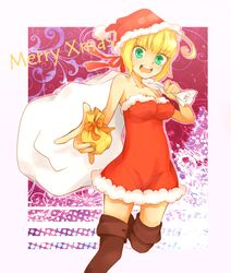  :3 ahoge black_legwear blonde_hair breasts dress fate/extra fate_(series) green_eyes hair_ribbon hat highres ribbon ru-a24 saber_extra sack santa_hat smile solo thigh-highs thighhighs 