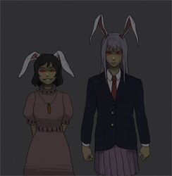  arms_behind_back glowing glowing_eyes grin inaba_tewi kobushi multiple_girls red_eyes reisen_udongein_inaba smile touhou 