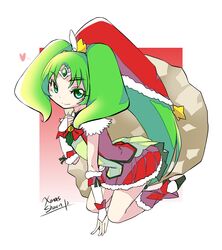  adapted_costume boots bow cure_march green_eyes green_hair heart highres long_hair midorikawa_nao ponytail precure sack shaen skirt smile smile_precure! star tiara tri_tails 