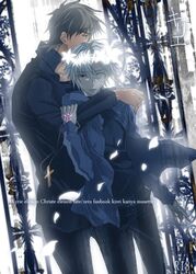  black_eyes black_hair blue_eyes brown_hair command_spell cover cover_page cross cross_necklace doujin_cover engrish fate/zero fate_(series) grey_hair head_wreath heterochromia hoodie jewelry kotomine_kirei matou_kariya multiple_boys necklace petals ranguage ume2888 white_hair yaoi 