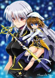  armor black_wings blue_eyes blush boots breasts brown_hair dasuto faulds fingerless_gloves gloves hair_ornament hat large_breasts long_hair lyrical_nanoha magical_girl mahou_shoujo_lyrical_nanoha mahou_shoujo_lyrical_nanoha_a's mahou_shoujo_lyrical_nanoha_a's multiple_girls projected_inset red_eyes reinforce schwertkreuz short_hair silver_hair smile staff wings yagami_hayate 