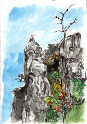  kobushi mountain nature scenery sitting solo touhou traditional_media 