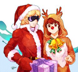  amuro_ray animal_costume antlers bell belt blonde_hair brown_hair christmas dated fur_trim gift gundam hat male mittens multiple_boys pydiyudie quattro_bajeena red_eyes red_nose reindeer_costume santa_costume santa_hat striped sunglasses zeta_gundam 