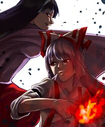  arm_garter backlighting between_fingers black_eyes black_hair fire flame fujiwara_no_mokou hair_ribbon hanako5200 houraisan_kaguya long_hair looking_up multiple_girls ofuda outstretched_arm profile red_eyes ribbon side_glance silver_hair sleeves_rolled_up touhou white_background wide_sleeves 
