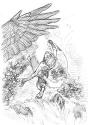  from_above inubashiri_momiji kobushi monochrome running sketch smile touhou wings 