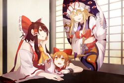  60mai alarm_clock ascot bare_shoulders black_hair blonde_hair bow brown_eyes brown_hair clock closed_eyes eyes_closed gap hair_bow hair_tubes hakurei_reimu hat hat_ribbon horns ibuki_suika long_hair multiple_girls open_mouth ribbon shackle smile touhou yakumo_yukari yellow_eyes 