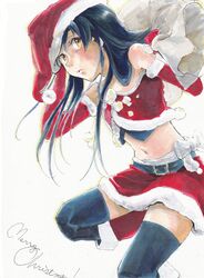  belt black_legwear blue_hair blush boots elbow_gloves gloves hat idolmaster kisaragi_chihaya long_hair midriff navel pout sack santa_hat sister_smith skirt solo thigh-highs thighhighs 