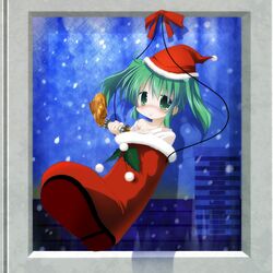  blush boots cityscape food green_eyes green_hair hat kisume kuribo's_shoe meat red_pupils santa_hat smile solo touhou twintails yukitokaze 