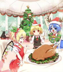  alternate_hairstyle antlers black_hair blonde_hair cap christmas_tree cirno fake_mustache fang flandre_scarlet food fork fujiwara_no_mokou hairband hat horns houraisan_kaguya ibuki_suika knife multiple_girls plate red_eyes rumia santa_hat senak_1928 senaka silver_hair table testa touhou turkey turkey_(food) wings wreath 