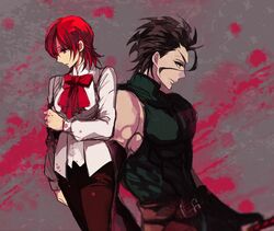  1girl ahoge black_hair bow fate/zero fate_(series) gaon_(hisuikairou) lancer_(fate/zero) red_eyes red_hair redhead short_hair sola-ui_nuada-re_sophia-ri 