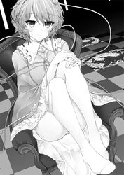  chair checkered checkered_floor heart hips komeiji_satori legs monochrome short_hair sitting solo suzume_miku thigh-highs thighhighs touhou wide_sleeves zettai_ryouiki 