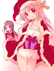  akemi_homura black_hair blush blush_stickers bow cape chemise chibi christmas fur_trim gift gloves hair_bow hair_down hair_ribbon hat kaname_madoka lolita_hairband long_hair mahou_shoujo_madoka_magica multiple_girls pink_hair purple_eyes red_eyes ribbon santa_costume santa_hat smile sparkle ultimate_madoka violet_eyes yamada_ako 