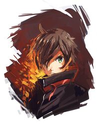  ahoge brown_hair bust chuunibyou_demo_koi_ga_shitai! dark_flame_master doomfest fire green_eyes hair_over_eyes short_hair solo togashi_yuuta 