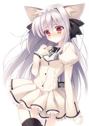  animal_ears arms_up black_legwear black_thighhighs blush bow cat_ears frilled_sleeves frills garter_straps grey_hair hair_bow highres long_hair open_mouth raiou red_eyes sakurakouji_luna school_uniform skirt solo thigh-highs thighhighs tsuki_ni_yorisou_otome_no_sahou 