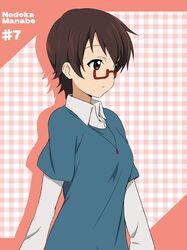  blush brown_eyes brown_hair glasses ikari_manatsu jewelry k-on! manabe_nodoka necklace plaid plaid_background red-framed_glasses short_hair solo 
