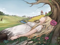  bare_shoulders black_legwear blonde_hair bridge closed_eyes dress eyes_closed flower hair_flower hair_ornament long_hair lying nizuma original pantyhose river solo windmill 
