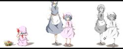  adult apron arms_behind_back ascot blue_hair bouquet braid crying flower hair_over_eyes hat hat_ribbon highres izayoi_sakuya kneeling letterboxed maid maid_headdress multiple_girls open_mouth puffy_sleeves remilia_scarlet ribbon shirt short_sleeves silver_hair skirt skirt_set smile standing_on_one_leg teenage touhou twin_braids udongein vest waist_apron young 