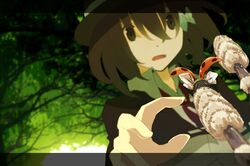  brown_eyes brown_hair capelet flower hands hat ladybug open_mouth shirt solo tokoroten_(hmmuk) touhou tree usami_renko 