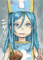  :t blood blue_eyes blue_hair cross dragon_quest dragon_quest_iii hat lips log long_hair pon priest_(dq3) solo v 