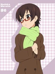  blush brown_eyes brown_hair coat glasses ikari_manatsu k-on! looking_away manabe_nodoka plaid plaid_background red-framed_glasses scarf short_hair solo 