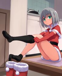  ass black_legwear blush bob_cut boots christmas coupe50 dressing elbow_gloves feet gloves green_eyes grey_hair leg_lift legs looking_at_viewer no_shoes original panties pantyshot pantyshot_(sitting) santa_costume short_hair sitting skirt solo thigh-highs thighhighs underwear 