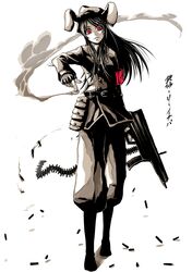  animal_ears armband bisuke_(k_step2009) bullet bunny_ears character_name colored fingerless_gloves gloves gun hat highres long_hair machine_gun military military_uniform monochrome rabbit_ears red_eyes reisen_udongein_inaba slit_pupils solo spot_color touhou uniform weapon 