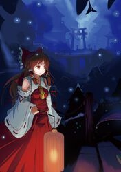  absurdres bare_shoulders bow brown_eyes brown_hair detached_sleeves hair_bow hair_tubes hakurei_reimu highres japanese_clothes lantern miko paper_lantern smile solo terric touhou 
