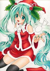  2754 aqua_eyes aqua_hair boots detached_sleeves hair_ribbon hat hatsune_miku holly long_hair looking_at_viewer marker_(medium) millipen_(medium) musical_note nail_polish open_mouth ribbon santa_costume santa_hat sitting skirt solo thigh-highs thighhighs traditional_media twintails very_long_hair vocaloid wariza 