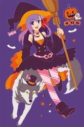  atn-jijifyg blue_eyes broom detached_sleeves fate/stay_night fate_(series) flat_color gradient_hair halloween hat jack-o'-lantern jack-o'-lantern long_hair matou_sakura multicolored_hair pantyhose pink_hair pumpkin purple_eyes purple_hair solo violet_eyes witch witch_hat wolf 