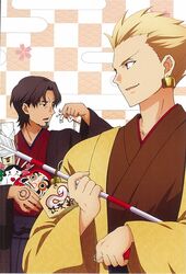  2boys arrow blonde_hair blue_eyes brown_hair earrings fate/zero fate_(series) gilgamesh hair_ornament hairpin hamaya japanese_clothes jewelry kimono multiple_boys official_art red_eyes scan snake tohsaka_tokiomi toosaka_tokiomi 