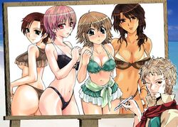  4girls alexina ass beach bikini blue_eyes blush breasts brown_eyes brown_hair character_request cleavage dark_skin earrings embarrassed frown full-face_blush green_eyes jewelry kristell long_hair mabinogi multiple_girls nora_(mabinogi) ocean picture_(object) pink_hair red_eyes red_hair redhead short_hair sweatdrop swimsuit voxloo 