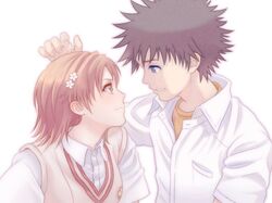  black_eyes black_hair brown_eyes brown_hair hair_ornament hairpin kamijou_touma misaka_mikoto school_uniform spiked_hair spiky_hair to_aru_kagaku_no_railgun to_aru_majutsu_no_index 