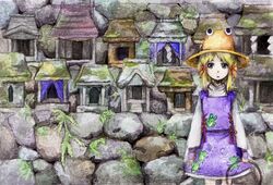  acrylic_paint_(medium) blonde_hair dress fern frog frown hair_ribbon hat hoop looking_at_viewer moriya's_iron_rings moriya's_iron_rings moriya_suwako moss payot purple_eyes ribbon shide short_hair shrine solo standing stone_wall touhou traditional_media violet_eyes wall yokan_222 