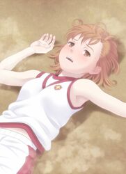  blush brown_eyes brown_hair gym_uniform lying messy_hair misaka_mikoto solo to_aru_kagaku_no_railgun to_aru_majutsu_no_index 