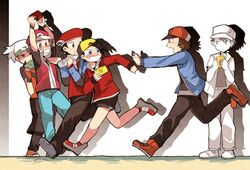  6+boys blush full_body game_boy gold_(pokemon) kokotaru kouki_(pokemon) multiple_boys nintendo_ds pokemon pokemon_(game) pokemon_bw pokemon_dppt pokemon_frlg pokemon_hgss pokemon_rgby pokemon_rse red_(pokemon) red_(pokemon)_(classic) red_(pokemon)_(remake) running scared tears touya_(pokemon) yuuki_(pokemon) 