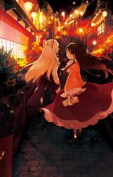  bow fujiwara_no_mokou hair_bow hands_in_pockets highres houraisan_kaguya lights long_hair multiple_girls pants red_eyes rin_(royal) skirt touhou 