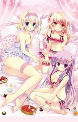  3girls alice_margatroid ankle_ribbon blonde_hair bloomers blue_eyes blush bra braid breasts cake canopy_bed chemise cleavage crescent food frilled_panties frills fruit hair_ornament hair_ribbon hairband kirisame_marisa leg_ribbon lolita_hairband long_hair lying midriff multiple_girls on_bed on_side open_mouth panties patchouli_knowledge pillow pink_bra purple_hair ribbon shirogane_hina short_hair single_braid sitting strawberry striped striped_background striped_panties touhou underwear very_long_hair violet_eyes white_panties wrist_cuffs yellow_eyes 