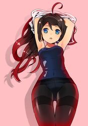  akariya black_hair blue_eyes long_hair original pantyhose pantyhose_over_swimsuit school_swimsuit swimsuit thigh_gap undressing 