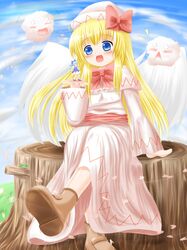  :< blonde_hair blue_dress blue_eyes blue_hair blue_sky boots bow cherry_blossoms cirno cloud clouds dress grass hair_bow hat hat_bow hiono kedama leaf lily_white long_hair looking_at_another minigirl multiple_girls o_o open_hand open_mouth sash sitting sky touhou tree_stump white_dress 