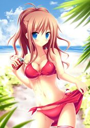  angel_koman beach bikini blue_eyes brown_hair long_hair pokemon pokemon_(game) pokemon_bw2 ponytail sarong soda_can solo swimsuit touko_(pokemon) 