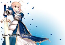  ahoge armor armored_dress blonde_hair dress excalibur fate/stay_night fate_(series) gauntlets glowing glowing_sword glowing_weapon green_eyes hair_ribbon petals ribbon saber solo sword weapon yuunagi_(seventh_heaven) 